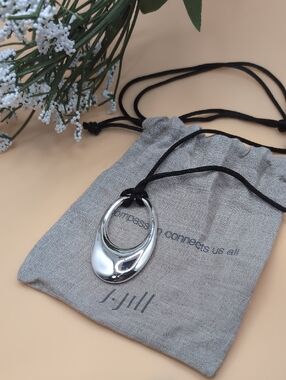 J. Jill Silver Oval Pendant Necklace with Black Adjustable Cord NWOT